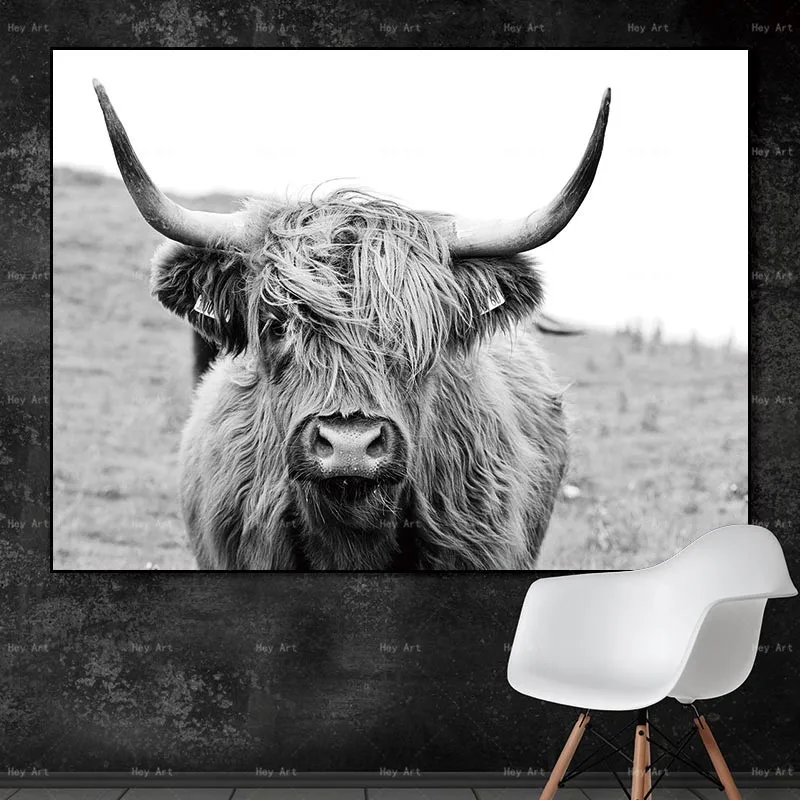 Black and White Home Decor Animal Poster Prints Highland Cow Yak Canvas Painting Wall Art Pictures for Living Room