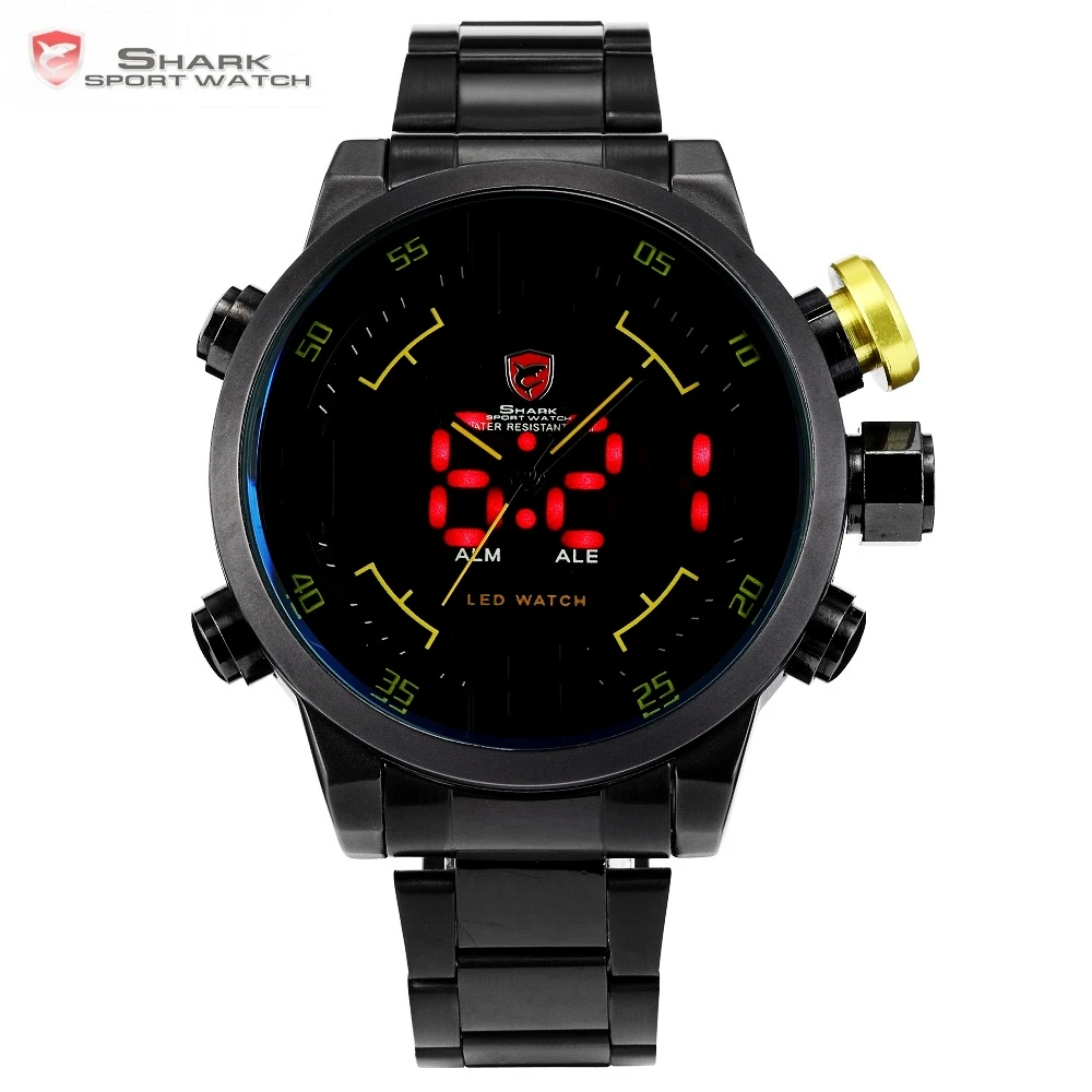 

Gulper SHARK Sport Watch Black Yellow Relogio Dual Time 3D Analog Display Date Alarm Quartz Male Steel Wrist Army Watches /SH107