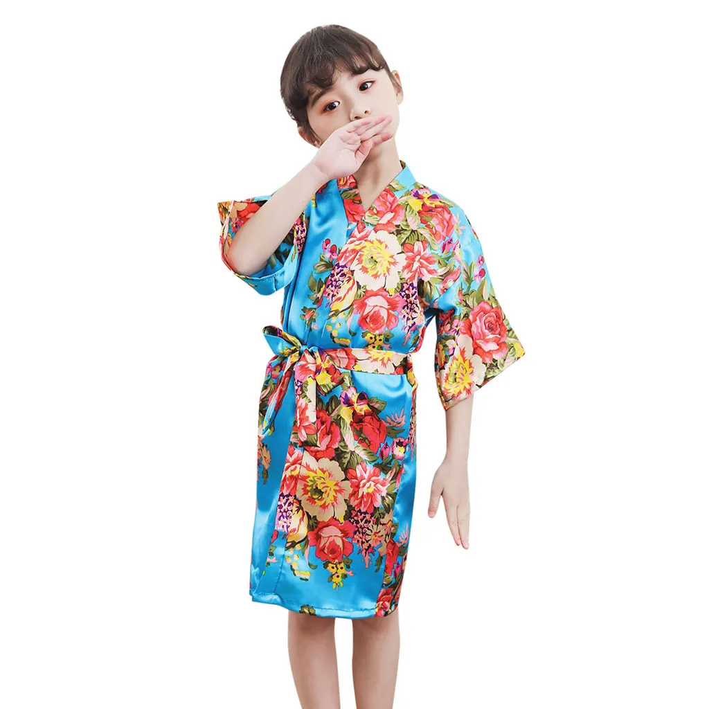 Новая мода лето банные халаты для детей, одежда с цветочным принтом для маленьких девочек шелковое атласное кимоно; наряд, одежда для сна, одежда Детский банный Халат - Цвет: LB