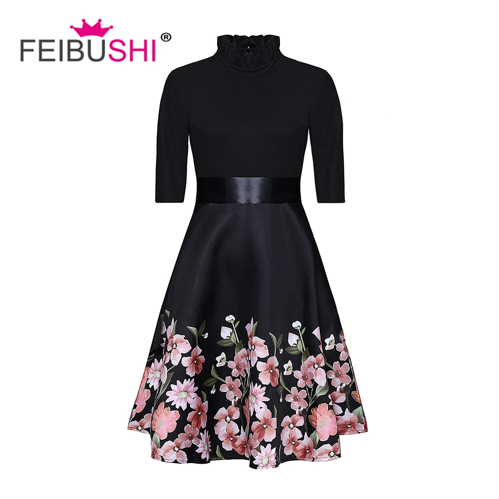 FEIBUSHI Autumn Winter Women Dress Elegant Stand Collar Party Ladies Dress Half Sleeve Party Evening A Line Dress