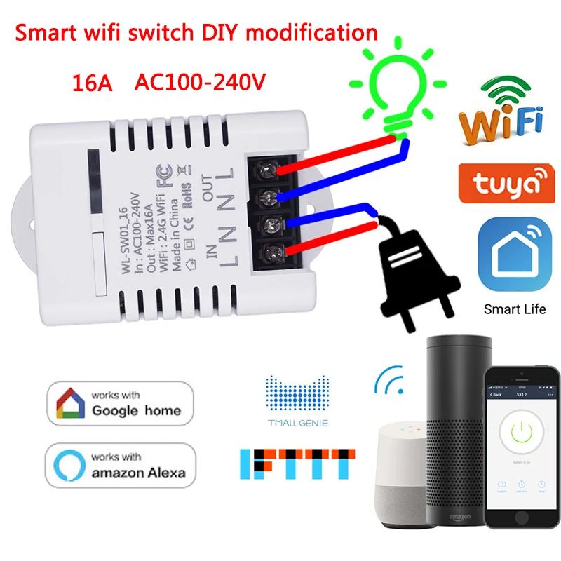 

WiFi Smart Remote Control Switch DIY Modification 16A Tuya/Smart Life App Work With Amazon Alexa  Echo Dot & Google home IFTTT