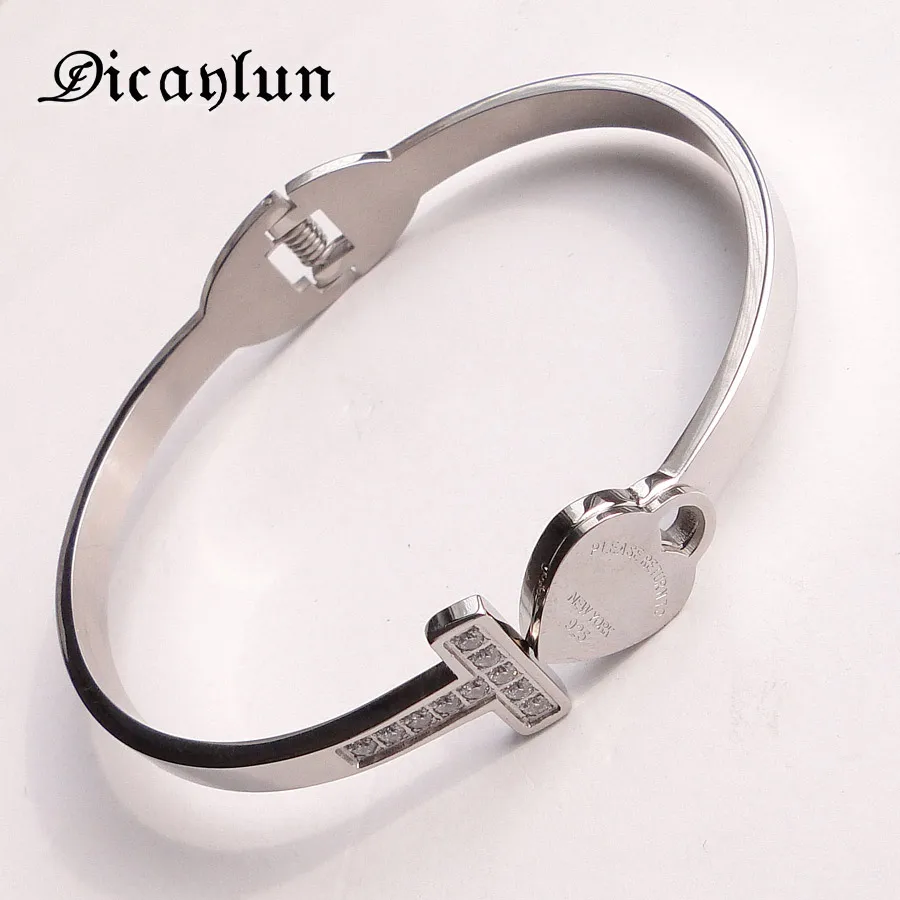 

DICAYLUN Friendship Heart T Bracelets Bangles Stainless Steel Silver Braslet Cubic Zirconia Jewelry Charms Femme Gifts For Women
