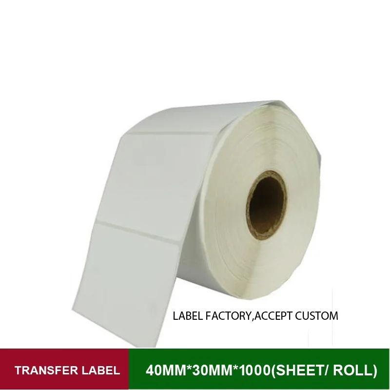 Thermal transfer label paper 40mm*30mm barcode adhesive sticker label 1000pcs per roll can be customized use ribbon printer