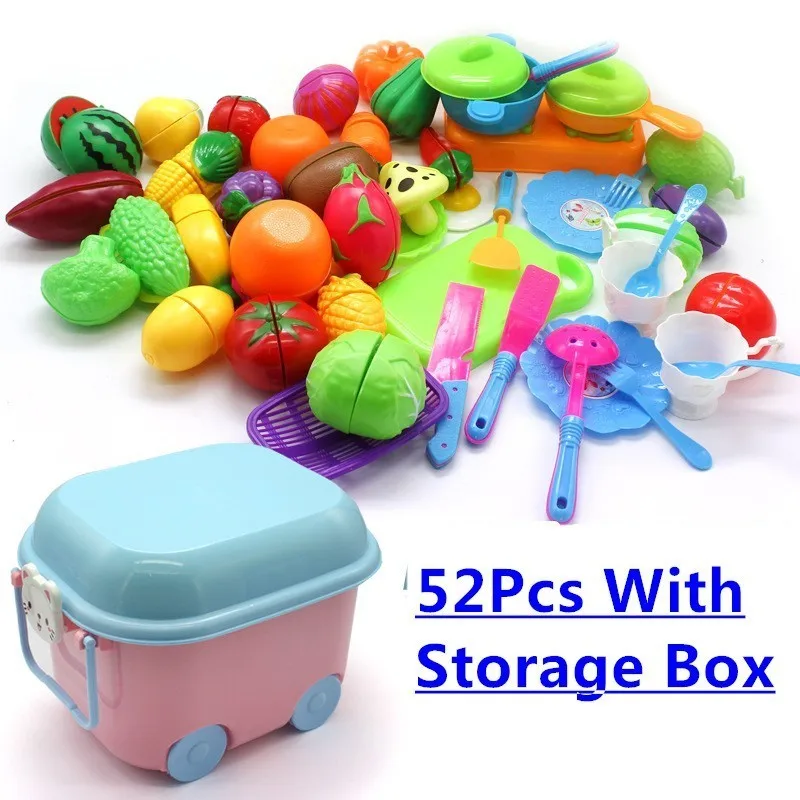 

52Pcs With Storage Box Paste Cut Fruits And Vegetables Boys And Girls Pretend Play Kitchen Toys Montessori Early Education Gifts