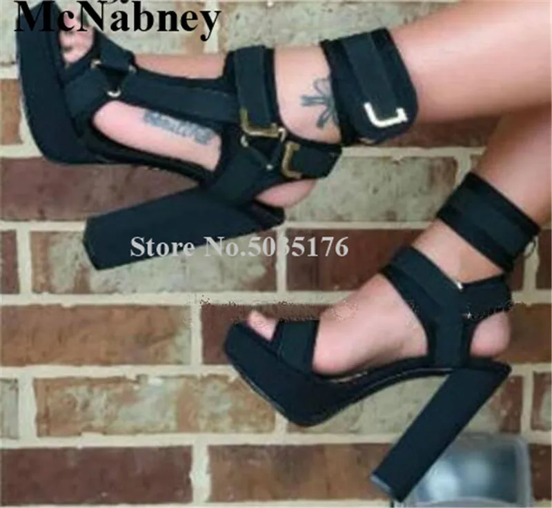 

2019 European Fashion Flock Metal Peep Toe Sandals T-tied Ankle Strap Platform Hook And Loop High Hoof Heel Sandals Women Shoes