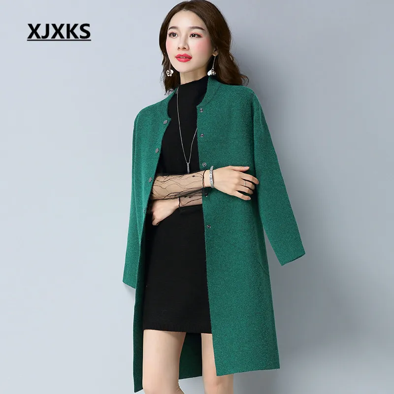 XJXKS мягкий кашемировый свитер, Женское пальто, однобортный Кардиган, свободные осенние и зимние прямые стильные свитера, пальто 1515 - Цвет: Зеленый