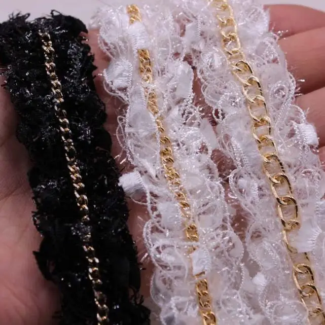 

10yds Gold Beaded Chain Lace Trims Ribbon Black White Braided Lace Fabric DIY Sewing Wedding Dress Dentelle Applique Accessories