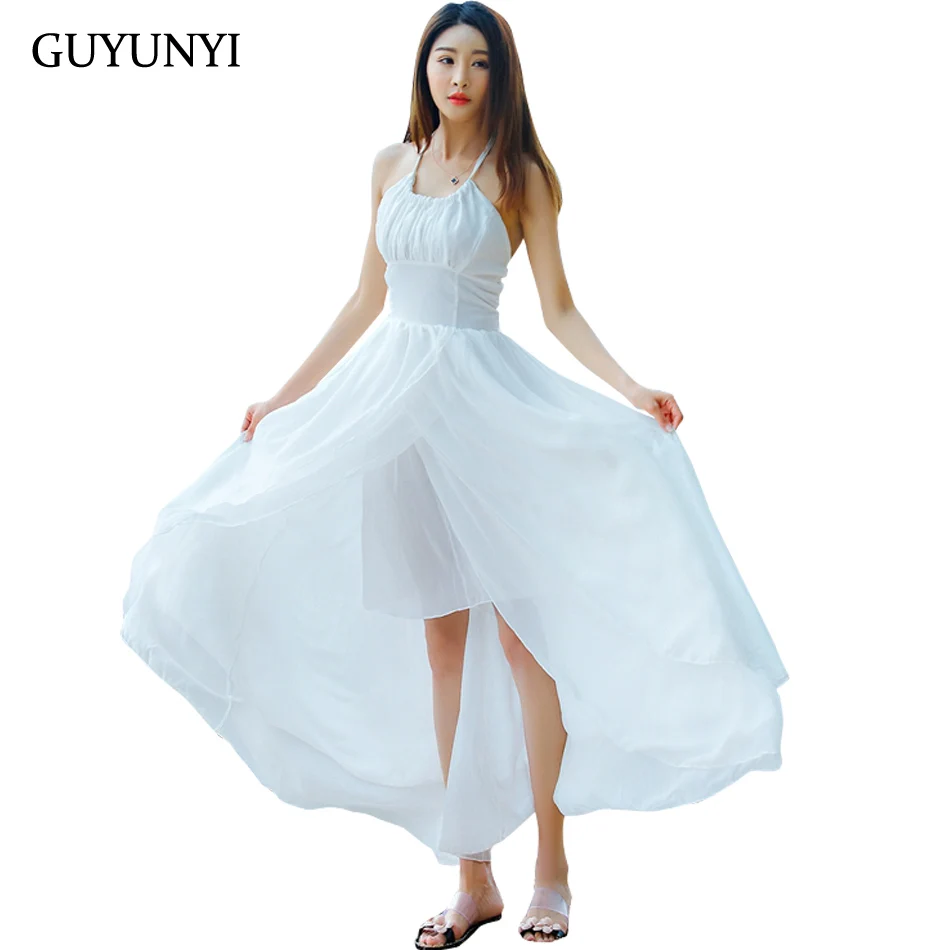 

GUYUNYI Summer Sexy Maxi Women Evening Party Dress Vintage Long Beach Boho White Chiffon Dresses vestidos de festa CX970