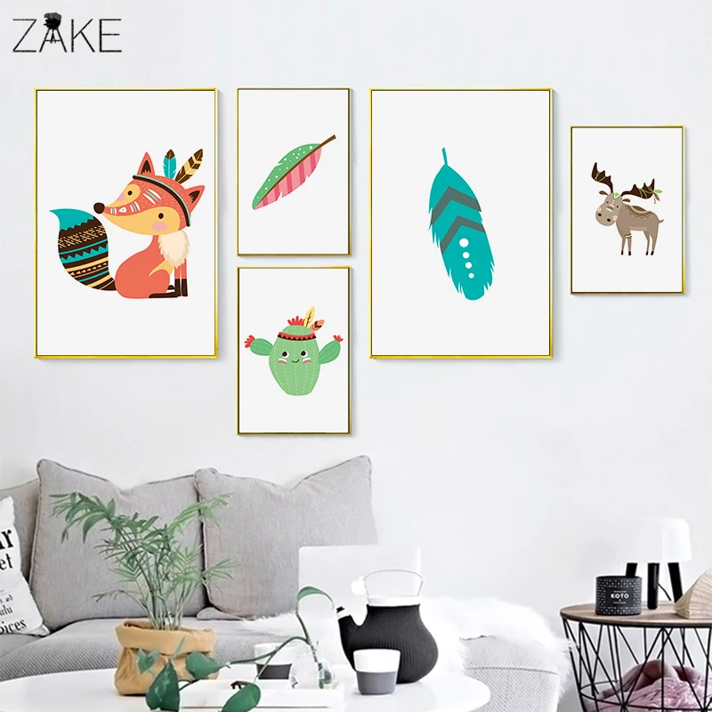 

Cartoon Indian Deer Fox Feather Cactus Wall Art Canvas Painting Nordic Posters And Prints Wall Pictures Kids Room Decoration