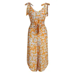 New Women?s Deep V Sleeveless jumpsuit Yellow Sleeveless Printed Shoulder Bandage Waistband V-Neck Jumpsuit New Women?s Deep V Sleeveless jumpsuit Yellow Sleeveless Printed Shoulder Bandage Waistband V-Neck Jumpsuit