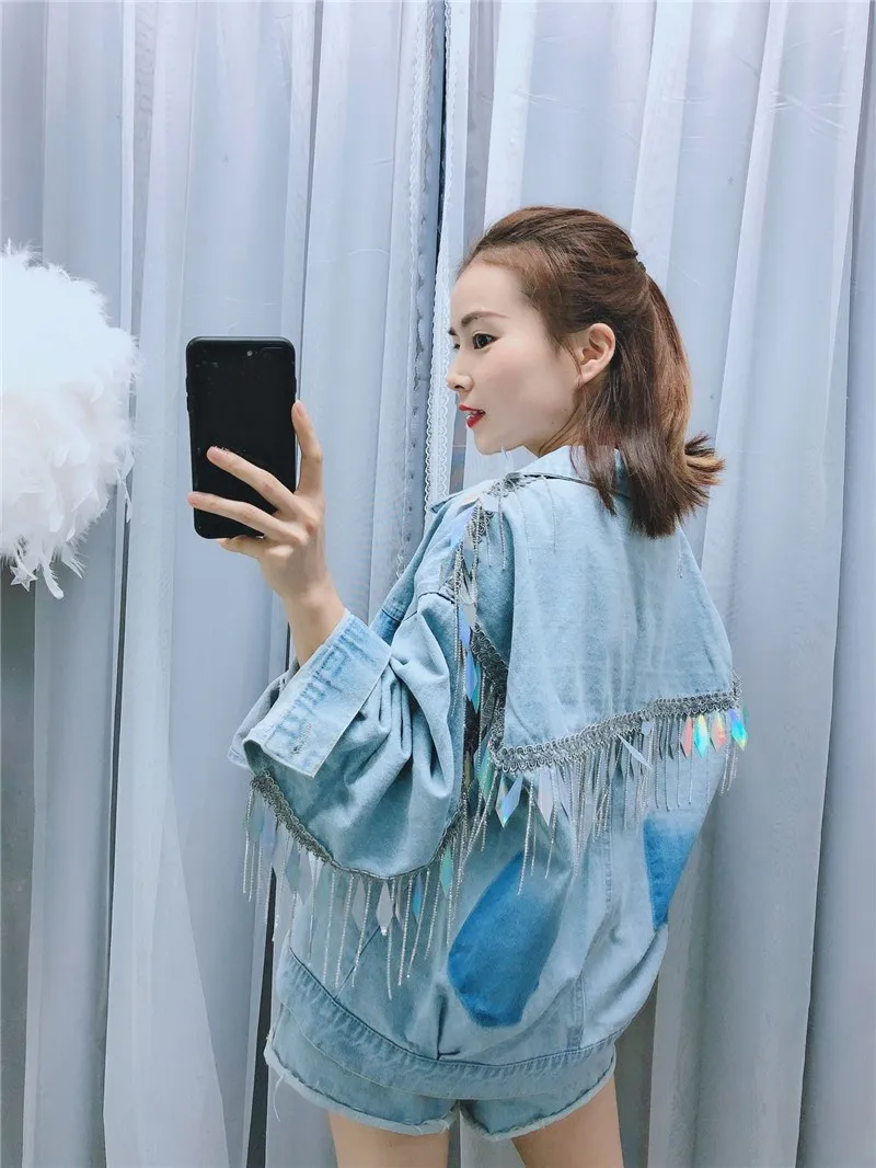 WHITNEY WANG весна-осень модная уличная джинсовая куртка с блестками и кисточками Женская Стильная джинсовая куртка