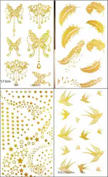 

3Pcs/Lot 10*17.5cm Women Body Art DIY Gold Tattoo Stickers Waterproof Temporary Glitter Metalic Tattoo Party Sticker 12 Patterns