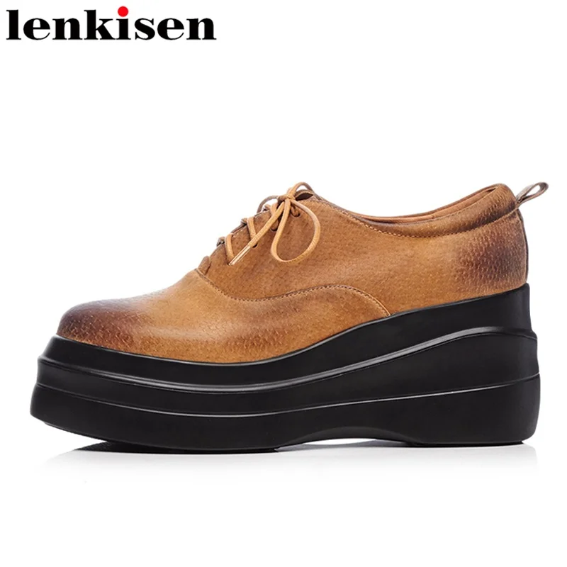 

Lenkisen 2018 superstar lace up genuine leather platform round toe retro increased causal shoes wedge high heels women pumps L88
