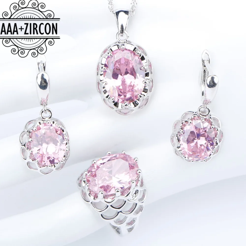 

925 Sterling Silver Women Bridal Jewelry Sets Pink Zircon Necklaces Pendants Rings Earrings With Stones Set of Jewelery Gift Box