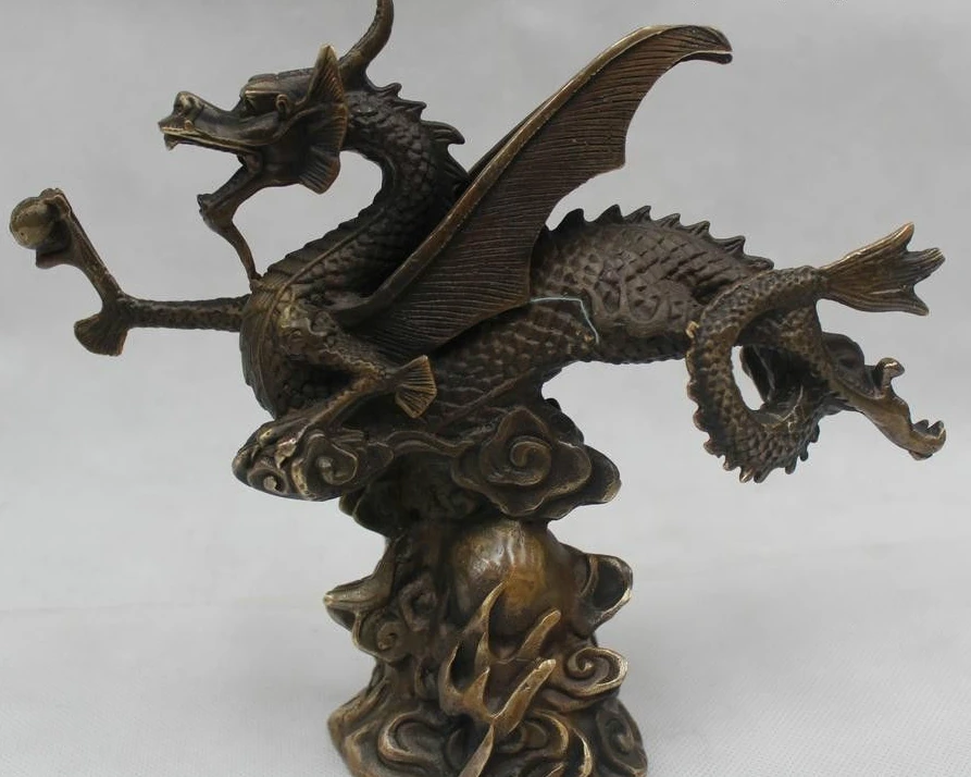 

7"Chinese Feng Shui Bronze Lucky Lifelike Fly Dragon Play Bead Statue