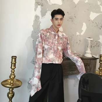 

2018 Summer New Men's Fashion Tide Retro Style Unique Design Lace Flower Printing Neckline Tie Casual Long Sleeve Shirts M-2XL