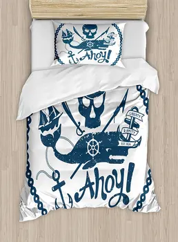 

Anchor Duvet Cover Set , Vintage Style Nautical Pirate Skull and Whale Design with Ship Anchor Image, 4 Piece Bedding Set