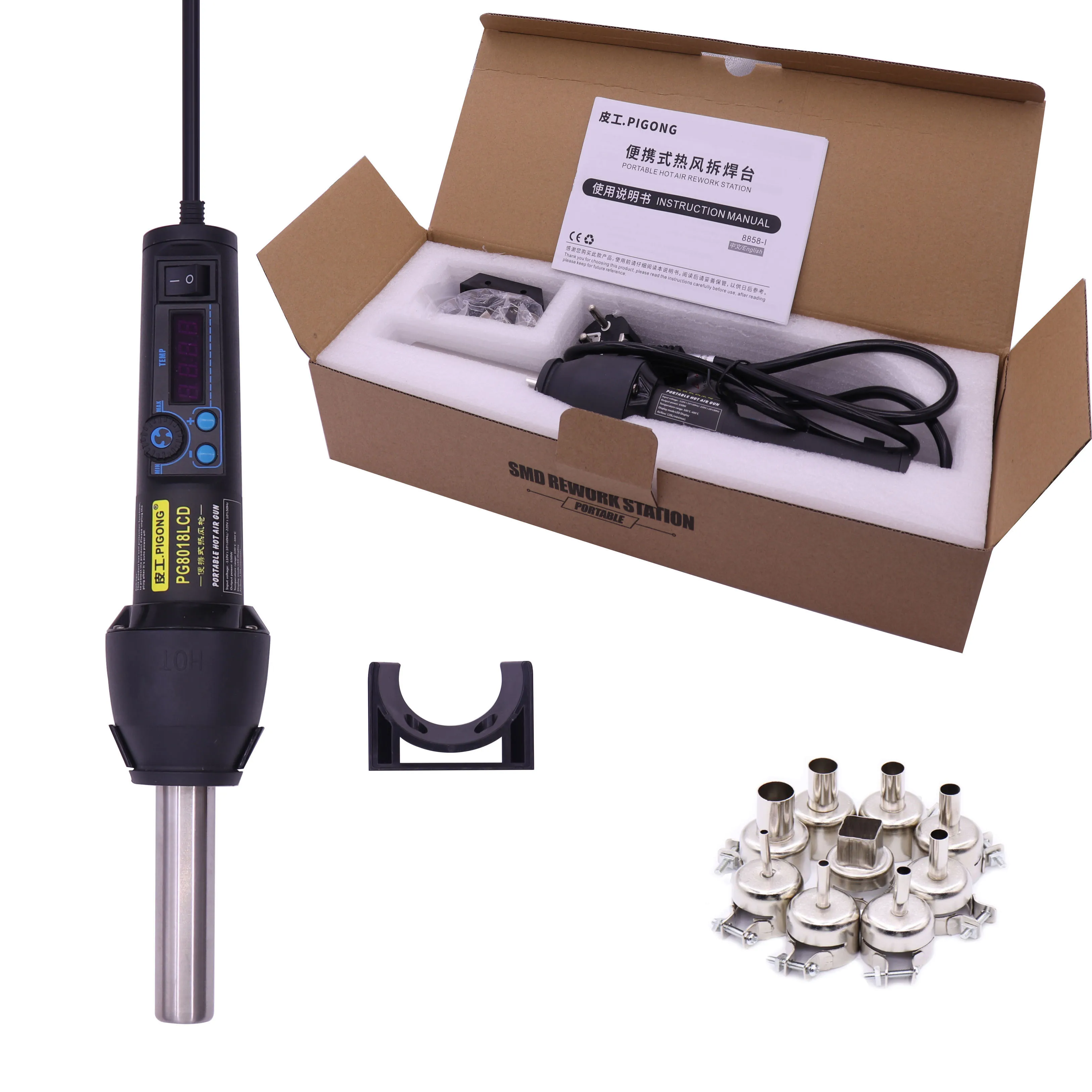 Comprar EU220V US110V 650W LCD ajustable electrónico de calor pistola de aire caliente desoldador Estación de soldadura IC SMD BGA + boquilla 8018LCD 8858