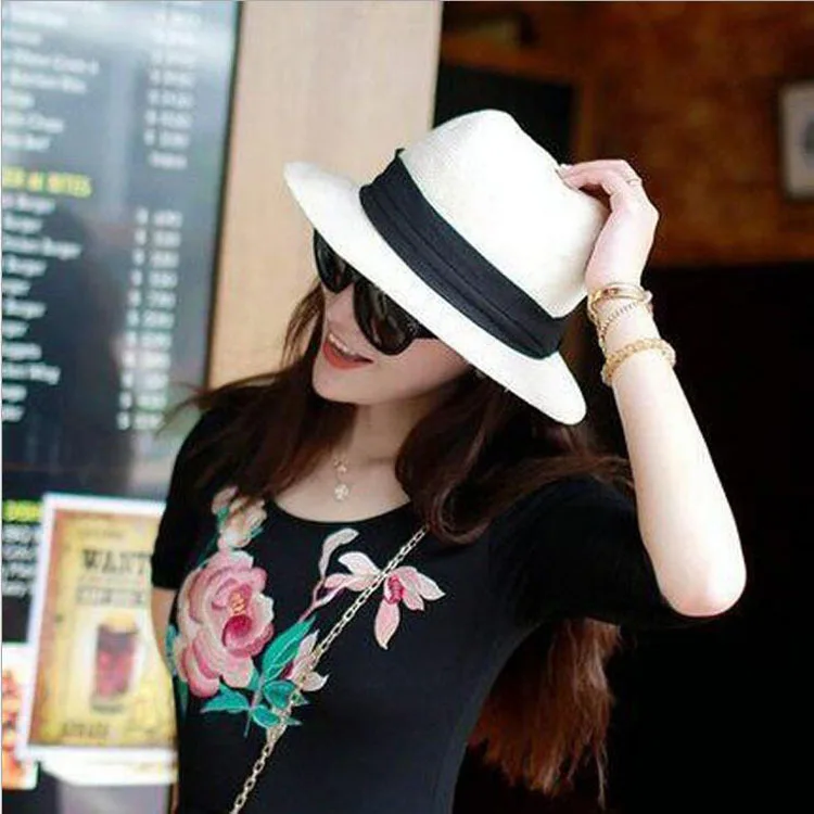 Ladies Beach Hat Wide Brim Straw Panama Roll up Hats Sea Sun Caps Golf pxg Summer Female Jazz Visor Cap Outdoor Camping Vacation (14)