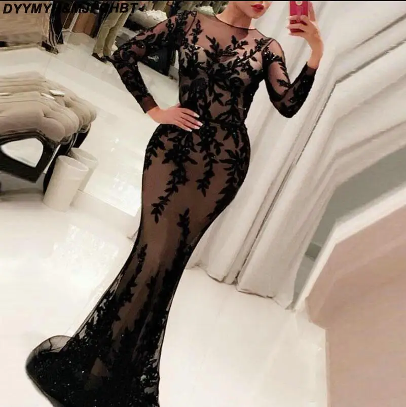 Fashion Long Sleeve Evening Dresses Chic Black Applique Evening Gowns Vestidos Floor Length Mermaid Prom Dress_