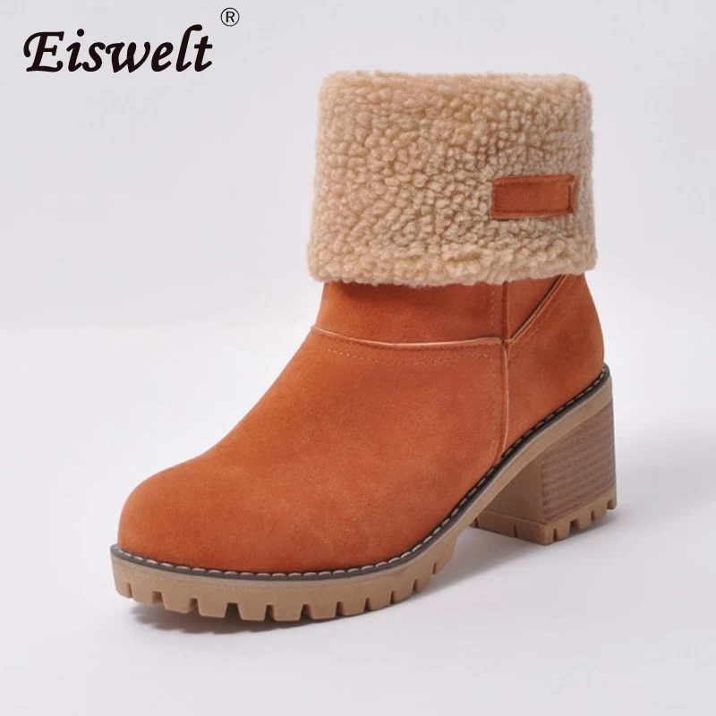 EISWELT Fashion Women Boots Female Winter Shoes Ladies Fur Warm Snow Boots Fashion Square Heels Ankle Boots Women Boots
