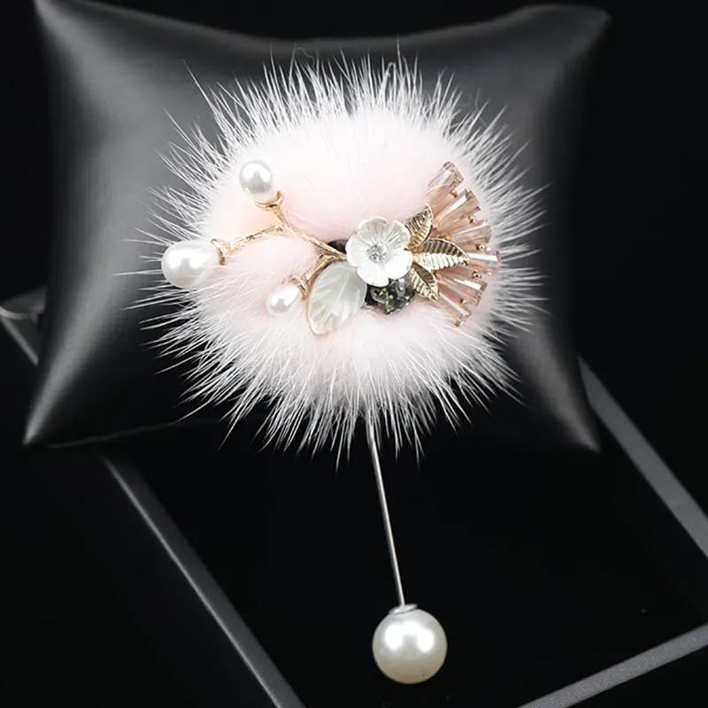 

Women Wedding Accessories Mink Fur Flower Pearl Shell Crystal Boutonniere Lapel Pin Brooches Groom Groomsmen Engagement Stage