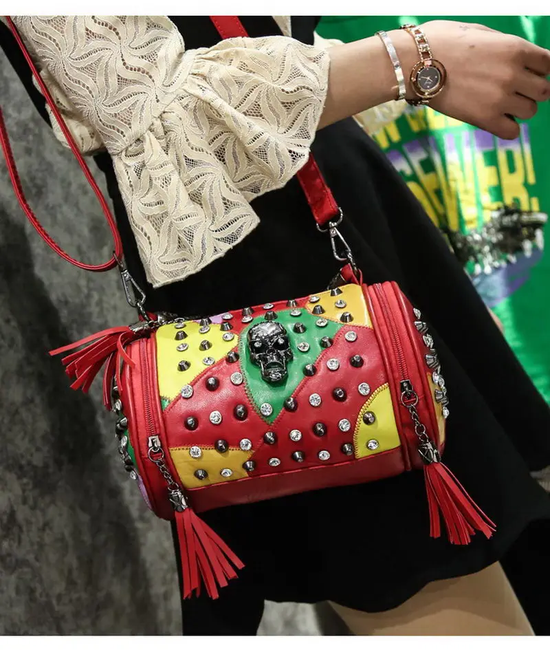 DIINOVIVO рок Сумочка с черепом женская кожаная с заклепками в стиле панк дизайнерские сумки на плечо с кисточками дорожная сумка женская WHDV1209