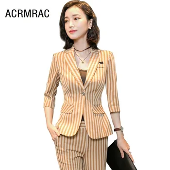 

Women suits Slim summer stripe Half sleeve jacket Ankle-Length Pants 2-piece set Women pants suits Woman set suits 8719