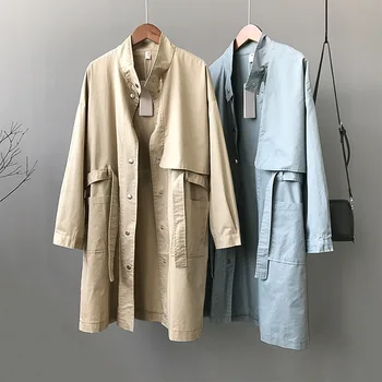 

2019 Korean Adjustable Waist Trench Coat Women Solid Cotton Stand Collar Mid-Long Large Size Windbreaker Harajuku Overcoat