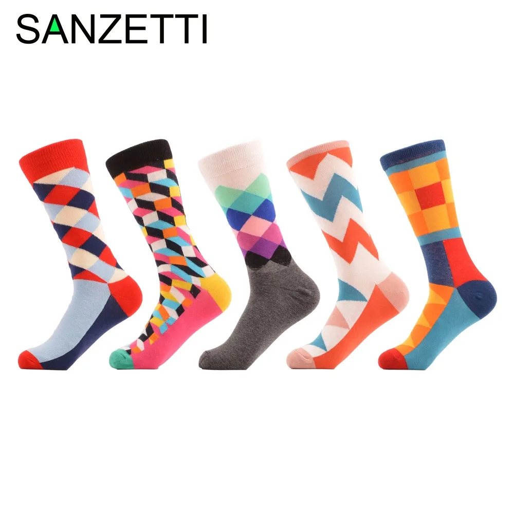 SANZETTI/5 пар/лот женские разноцветные носки с алмазным узором из чесаного хлопка