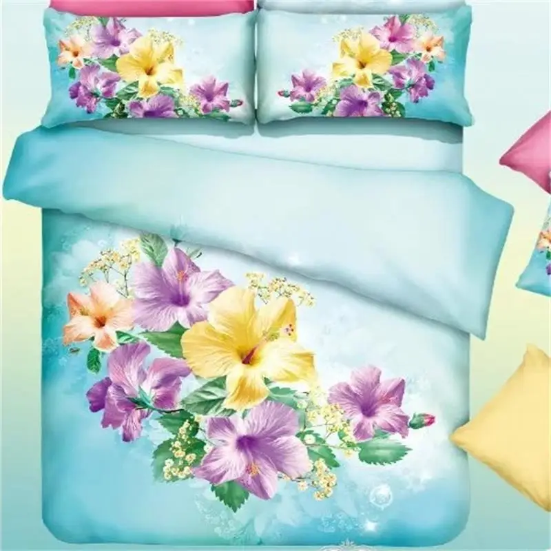 3D Watercolor Purple and Yellow Flower Bedding Set Queen Size Pure