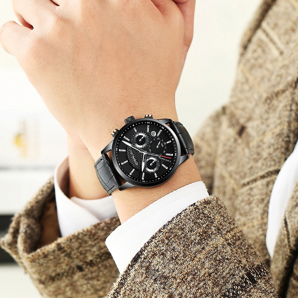Мужские часы с кожаным ремешком, кварцевые повседневные деловые наручные часы, модный бренд CRRJU, водонепроницаемые часы с хронографом, Montre Homme