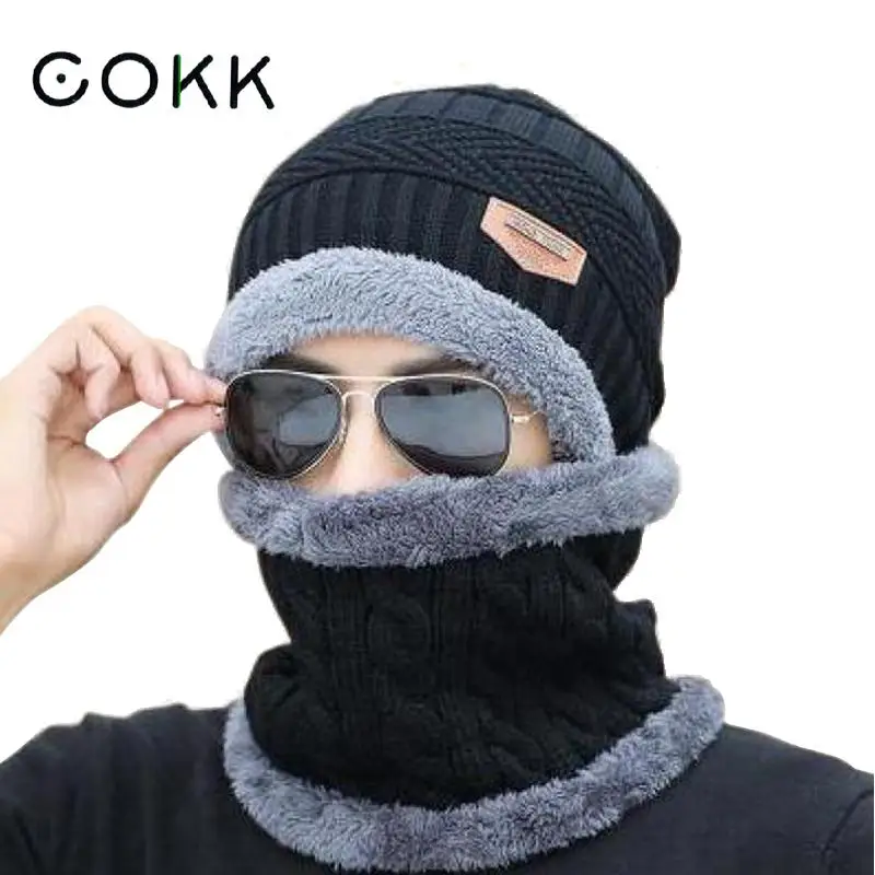 

COKK Winter Hats For Men Women Knitted Plaid Beanies Skullies Warm Thick Plus Velvet Cap Men Bonnet Male Hat Scarf Set Collar