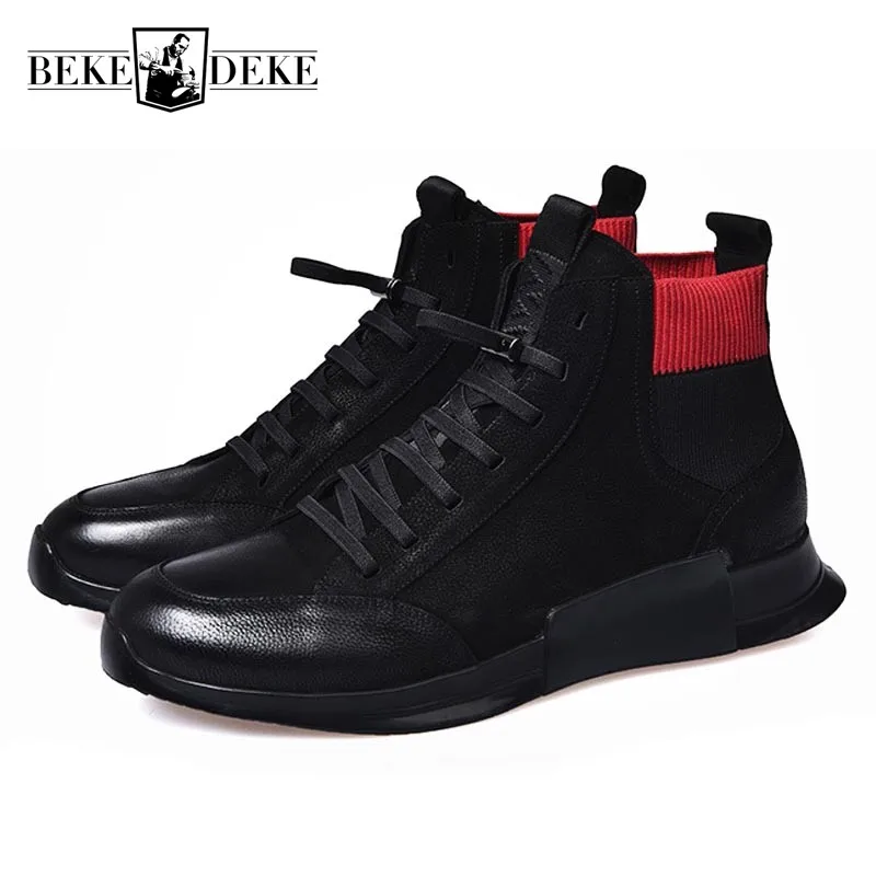 Inverno Lining fleece Homens Top Homem Alta De Forro Sapatos Calçados Martin Plataforma Couro Genuíno Ankle Lã Casuais Lace Normal Boots Grosso Dos Patchwork Up BxgET