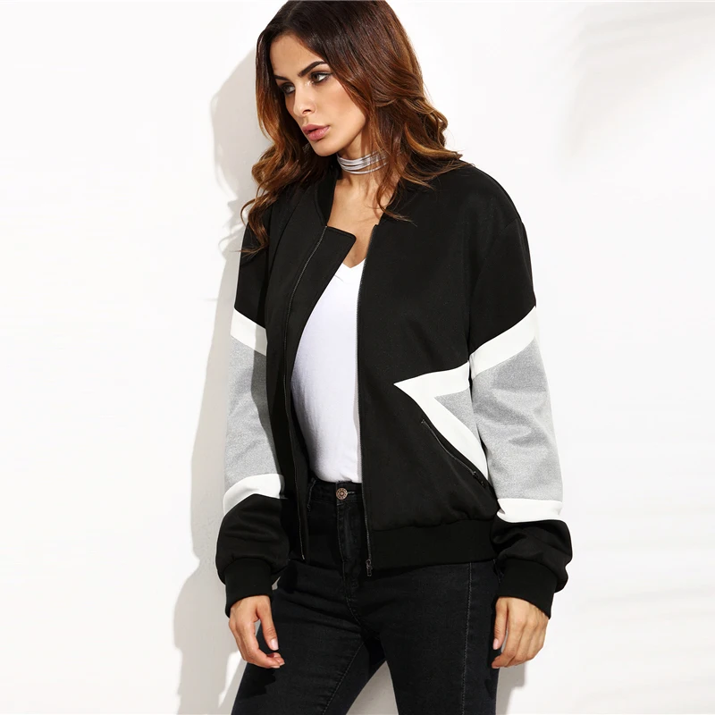 Sheinside, черный стоячий воротник, цветной блок, повседневная куртка-бомбер, контрастная панель, на молнии,, пальто и куртки для женщин, осенняя куртка