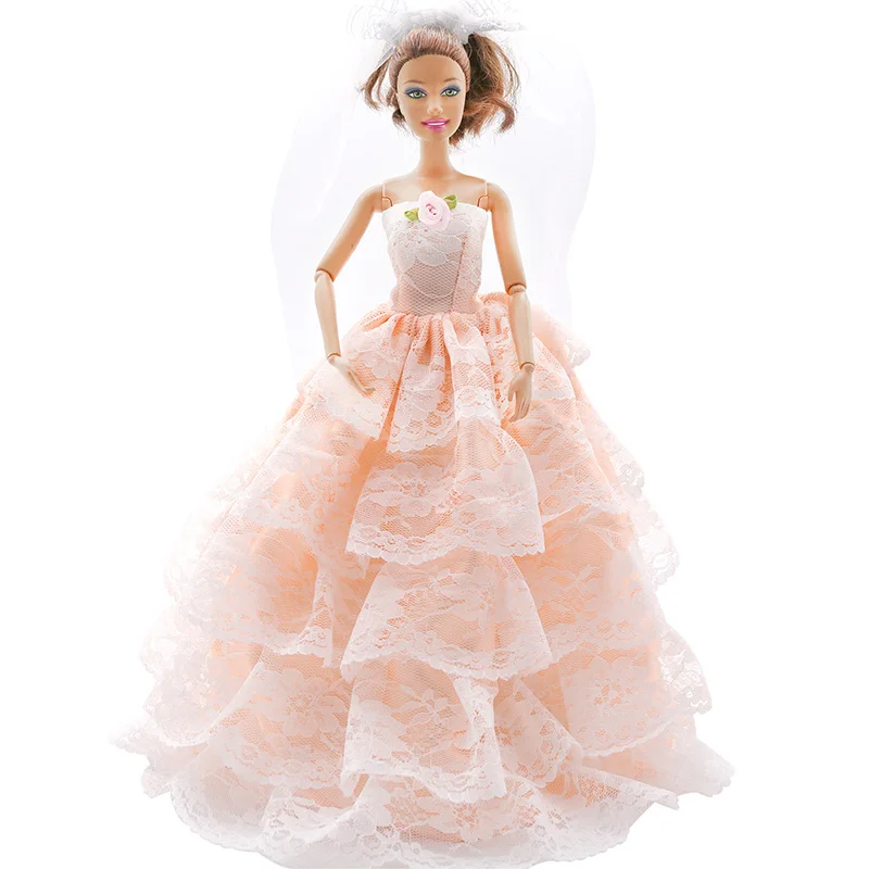 5 цветов Барби Кукольное свадебное платье красивая длинная юбка игрушки Аксессуары Барби ручной работы кружевная Одежда для девочек подарок на день рождения - Цвет: Orange