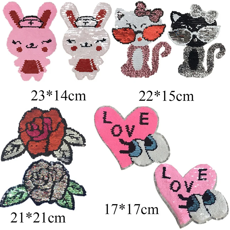 1PCS Rabbit Heart Eye Rose Cat Reversible Change Color MIX Color Sequins Sew On Patches For Clothes DIY Patch Applique Crafts