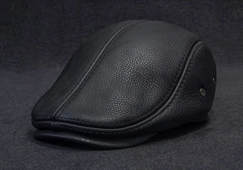mens knit beret 2021 Genuine Leather Windproof Duckbill Berets Man Cap Cowhide Gorras Black Ear Protection Casquette Hats For Male Drake Boina beret male