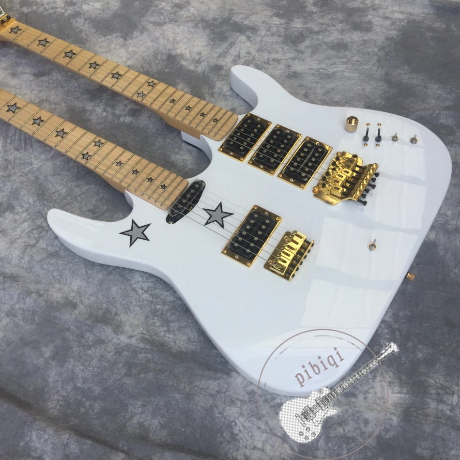 

Free transportation, double neck electric guitar 6/6 string, white body, star fingerboard, vibrato system, customizable!