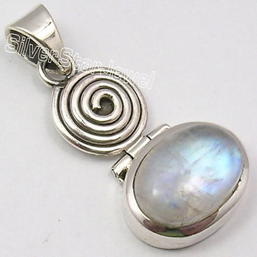 

SOLID Silver OVAL RAINBOW MOONSTONE TRENDY CHUNKY Pendant 3.7 CM 6.7 Grams