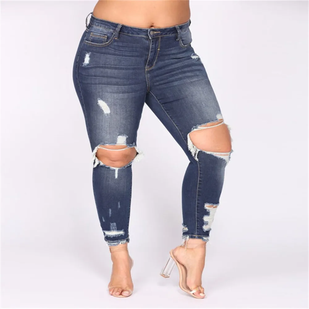 

Hole Ripped Jeans for Women Button Mid Waist Casual Skinny Jeans Women Streetwear Ladies Vintage Plus Size Jeans jean femme D40