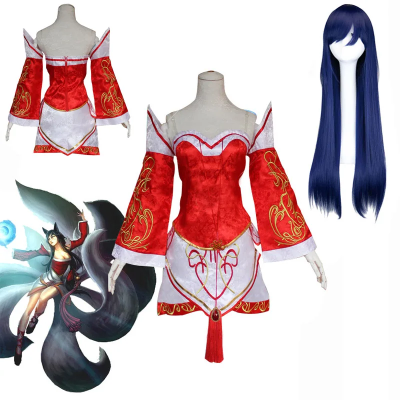 

2019 LOL Ahri Cosplay Costumes Red Dress Fox Nine-tail Adult Women Carnival Anime Clothing Costumes Tops Skirts Set wig