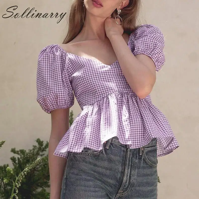 

Sollinarry High Wait Fashion Women Crop Top and Blouse Summer Puff V Neck Short Shirt Top Female Purple Short Sleeve Blusa Retro