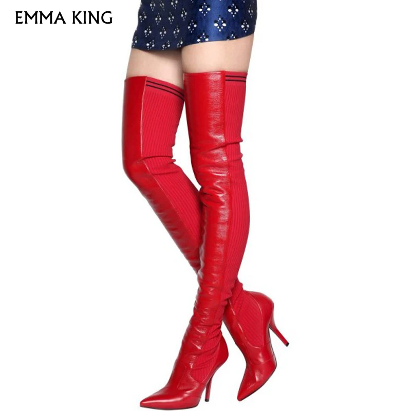 

Winter Knitting Patchwork Over The Knee Boots Pointed Toe High Heels Runway Thigh High Boots Women Party Shoes Woman Botas Mujer