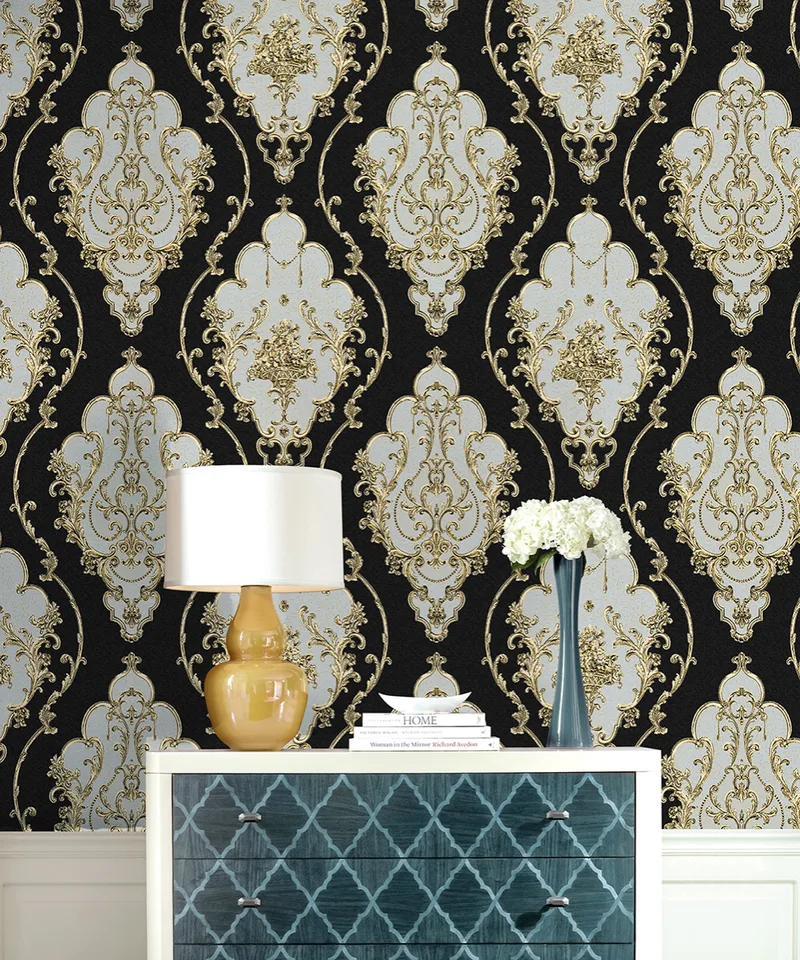 Haokhome Modern Luxury Heavy Texture Victorian Damask Wallpaper Black Gold Brown Silver 3d Living Room Bedroom Home Art Decor