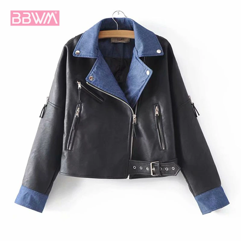 

Korean Long Sleeve Windproof Black PU Female Jacket 2019 Autumn New Suit Collar Denim Stitching Hem COAT Leather Women's Jacket