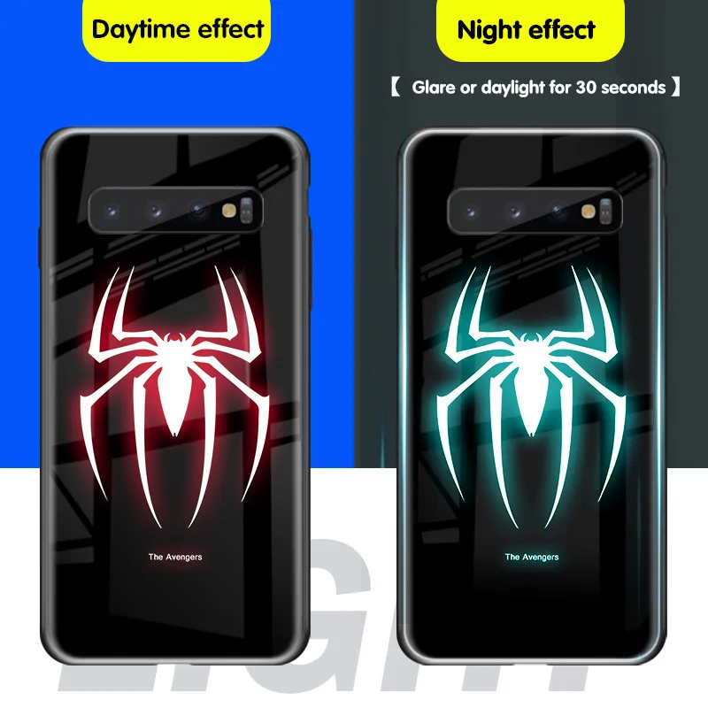 Светящийся чехол с изображением Человека-паука из комиксов Marvel Бэтмена для SamSung Galaxy S8 S9 S10 PLUS NOTE8 9 10+ 5G, зеркальный светильник из закаленного стекла - Цвет: Spider
