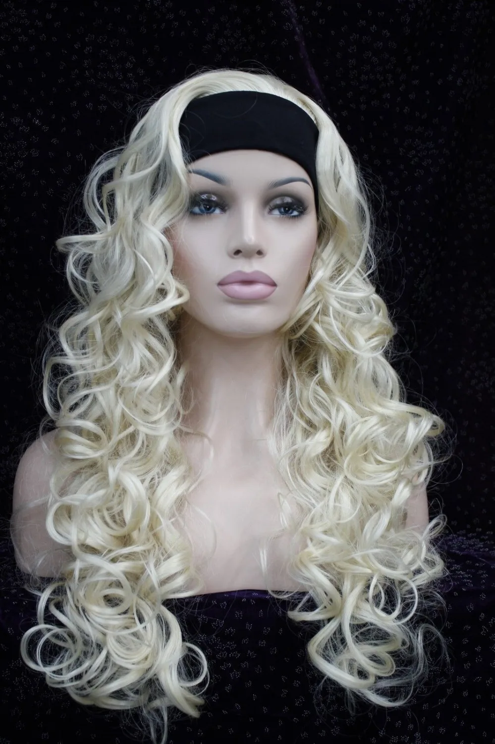0000120 fashion blonde 3/4 wig with headband curly long synthetic women
