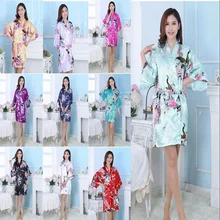 Шелковый атлас для свадьбы, невесты, подружки невесты халат цветочный халат Короткое Кимоно ночной халат для женщин один размер подходит