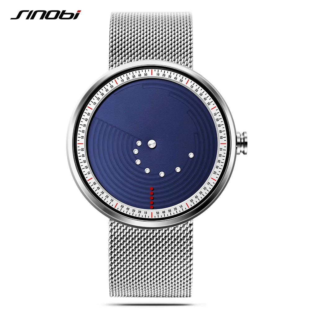 

SINOBI New Creative Simple Style Silver Steel Mesh Band Watch Men Blue Dial Quartz Watch Business Casual Clock reloj hombre 2018